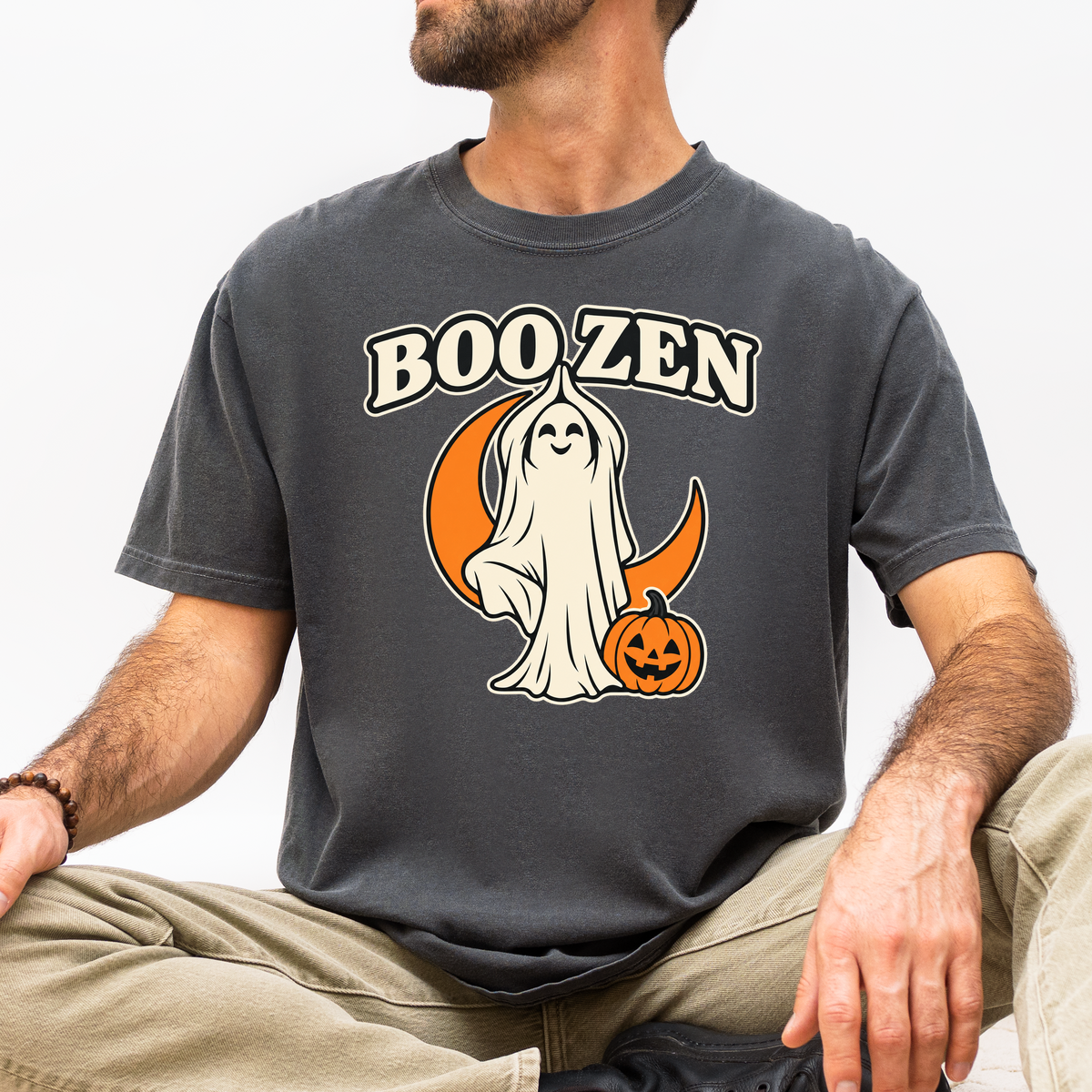 Ghost Yoga Halloween T-Shirt, Boo Zen Tree Pose, Minimalist Pumpkin and Crescent Design, Comfort Colors