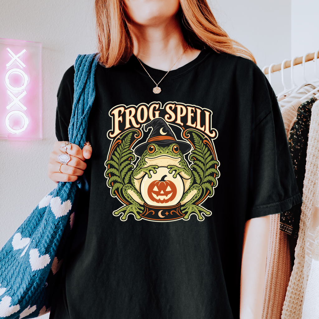 Frog Halloween T-Shirt, Fortune Teller Crystal Ball and Pumpkin, Art Nouveau Botanical Comfort Colors