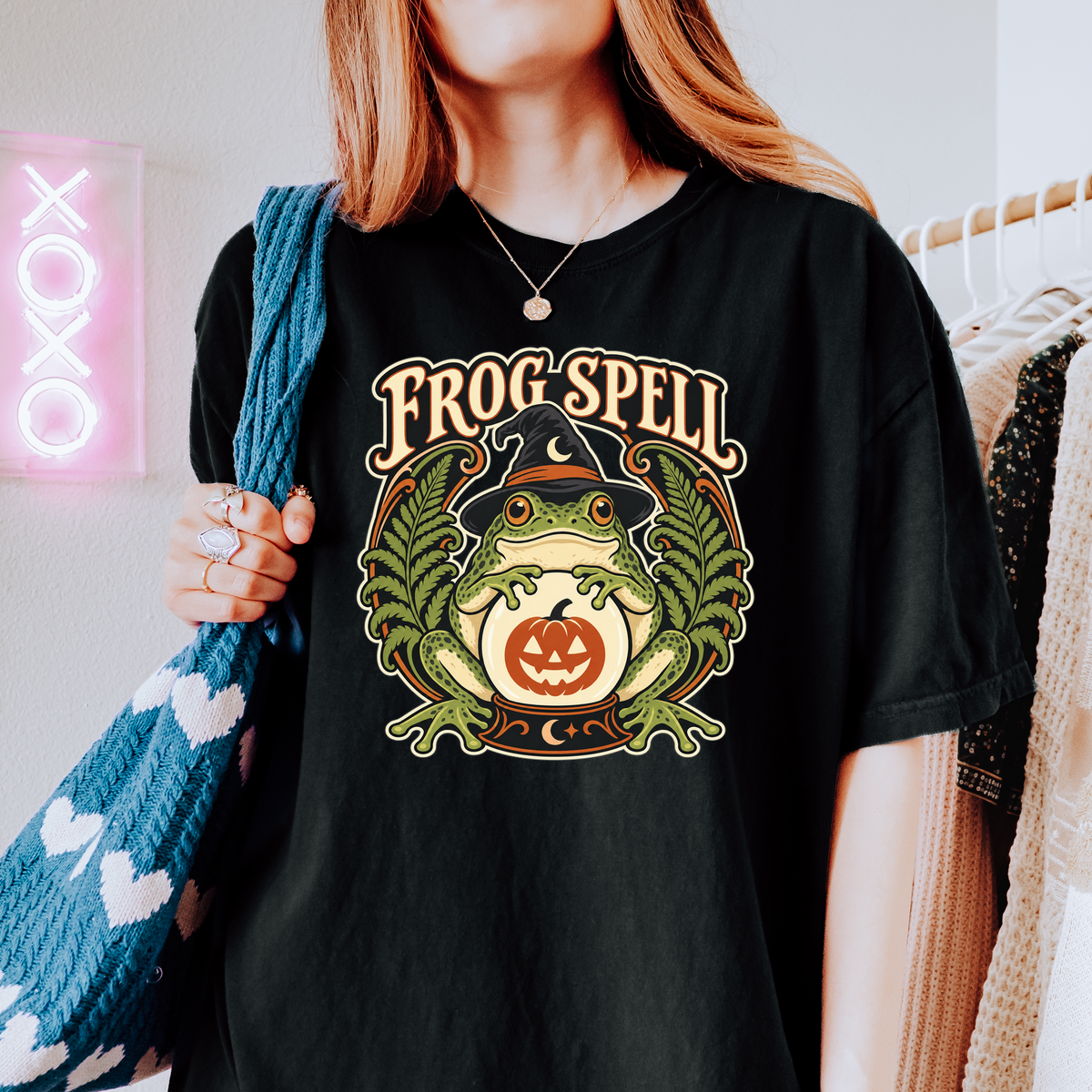 Frog Halloween T-Shirt, Fortune Teller Crystal Ball and Pumpkin, Art Nouveau Botanical Comfort Colors