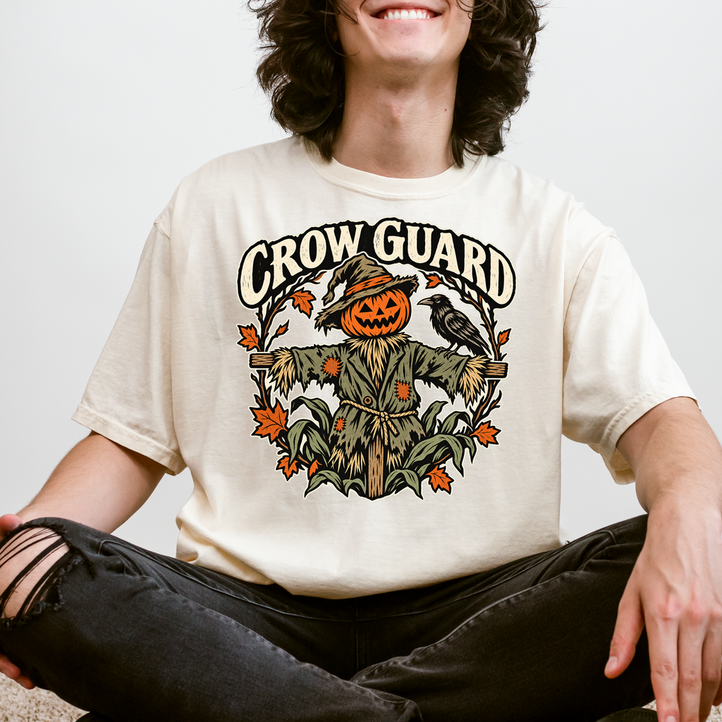 Scarecrow Halloween T-Shirt, Crow Guard Pumpkin Design, Woodcut Folk Art, Comfort Colors Spooky Season
