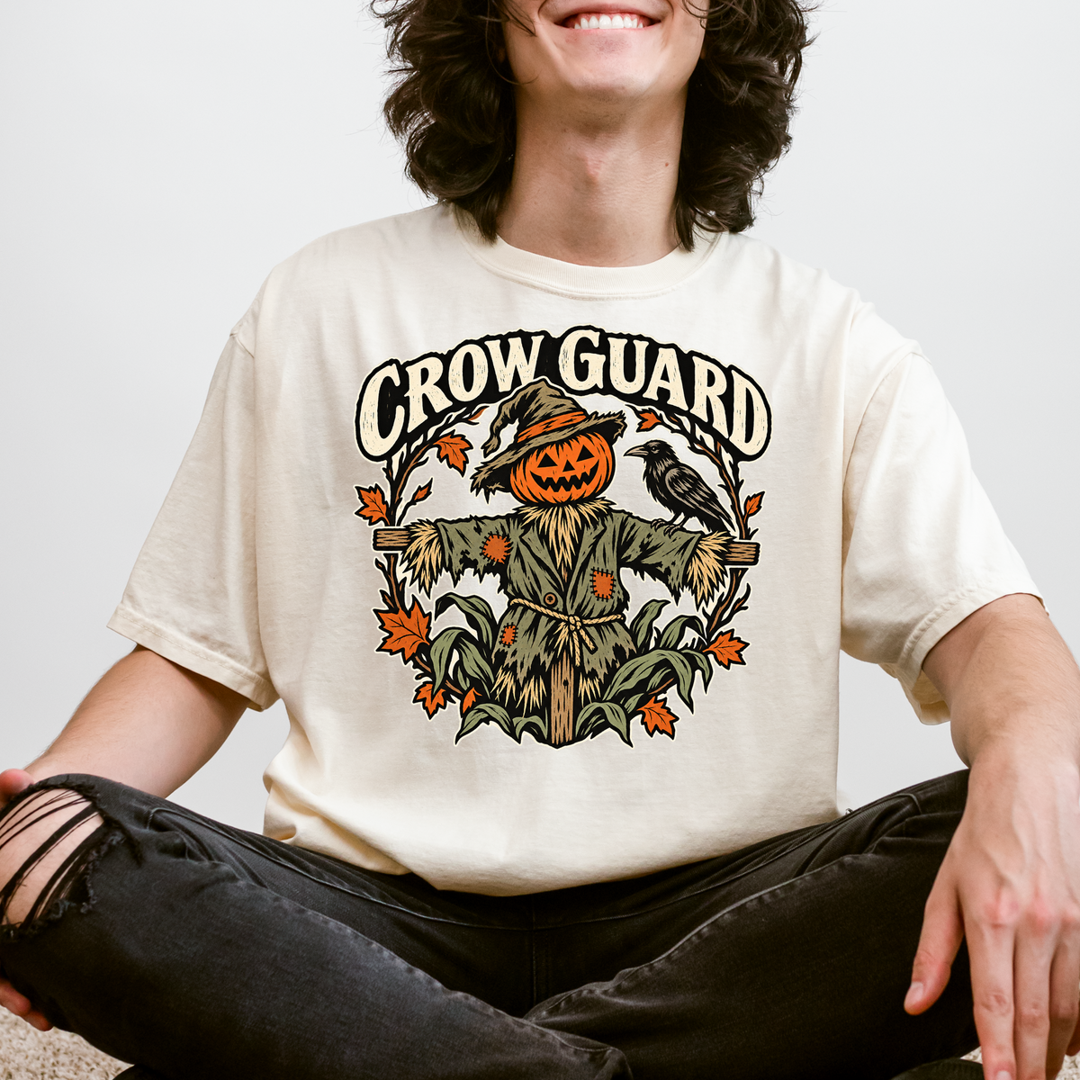 Scarecrow Halloween T-Shirt, Crow Guard Pumpkin Design, Woodcut Folk Art, Comfort Colors Spooky Season