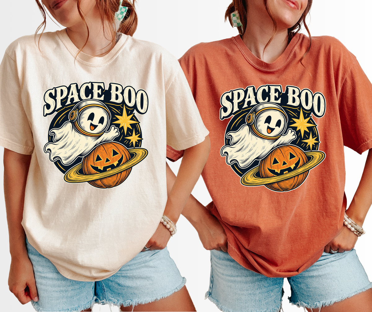Ghost Astronaut Halloween T-Shirt, Space Boo Pumpkin Planet, Celestial Antique Line Art, Comfort Colors