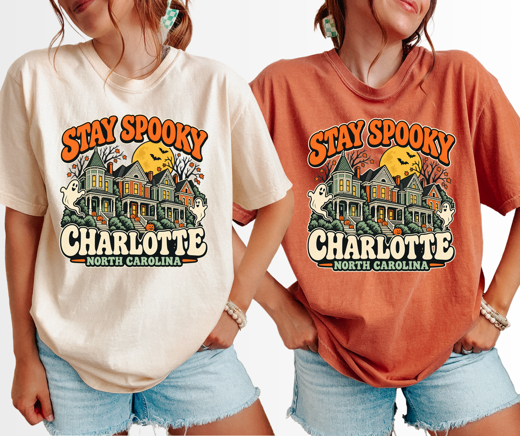 Charlotte Halloween T-Shirt, Fourth Ward Victorian Houses, Retro Ghosts and Pumpkins, Comfort Colors North Carolina