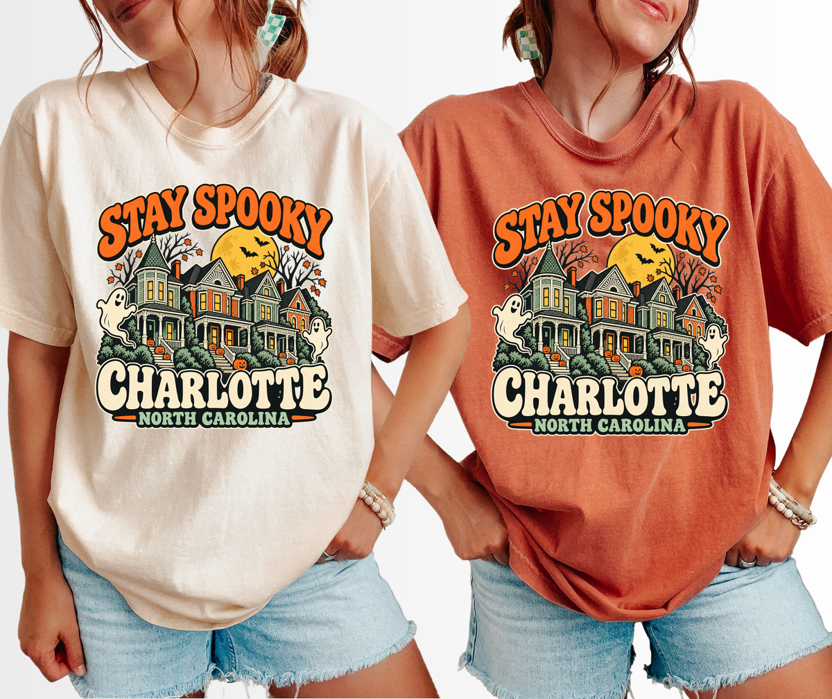 Charlotte Halloween T-Shirt, Fourth Ward Victorian Houses, Retro Ghosts and Pumpkins, Comfort Colors North Carolina