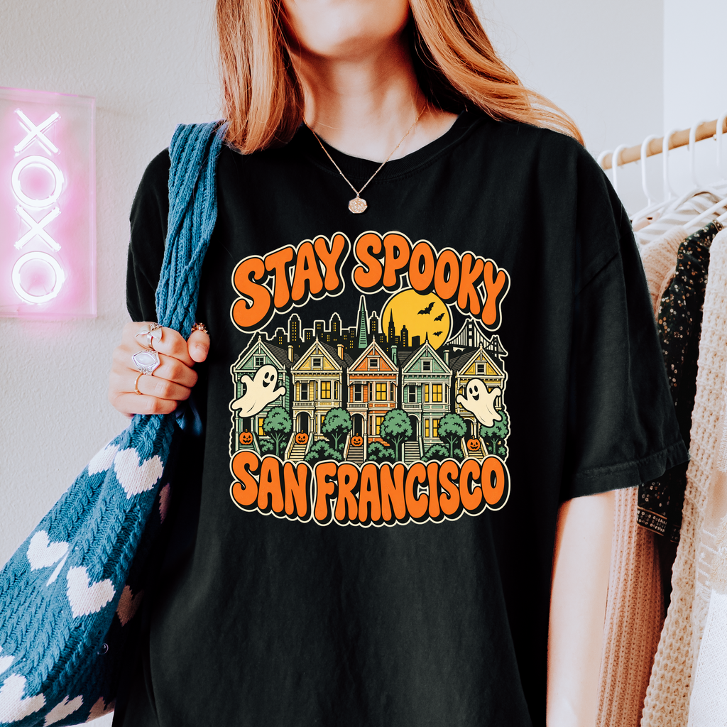 San Francisco Halloween T-Shirt, Painted Ladies Ghosts, Retro Pumpkin Art, Comfort Colors California Souvenir