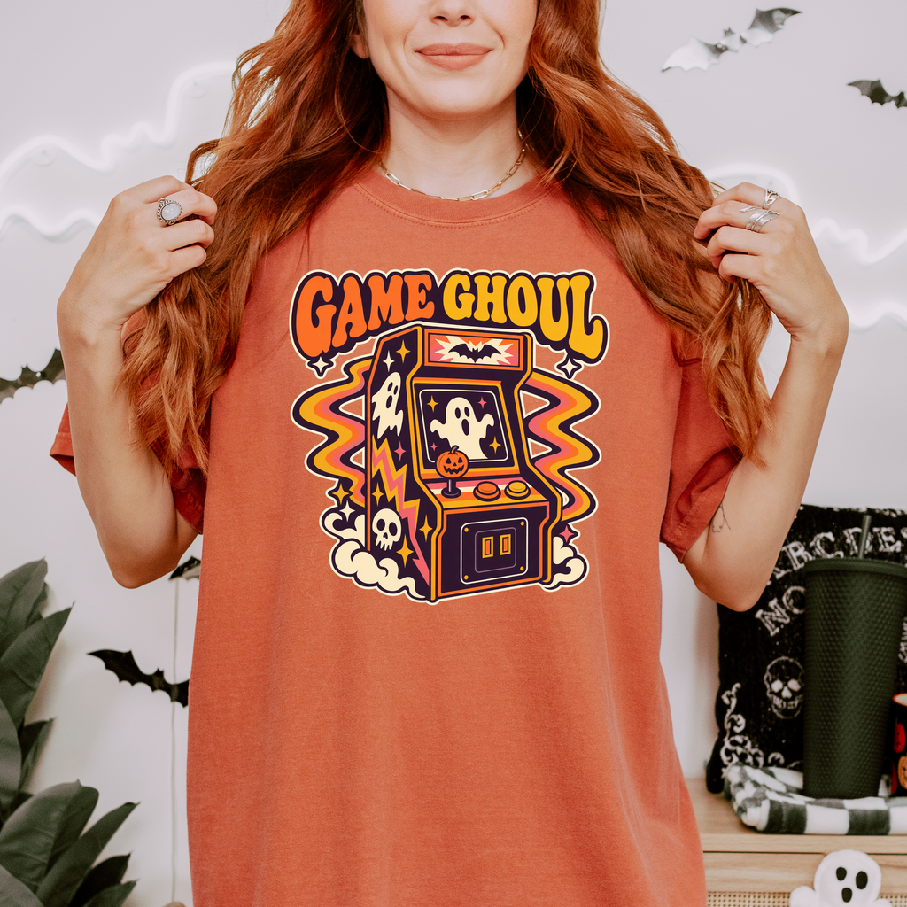 Haunted Arcade Halloween T-Shirt, Game Ghoul Cabinet, 1970s Psychedelic Pumpkin Joystick, Comfort Colors