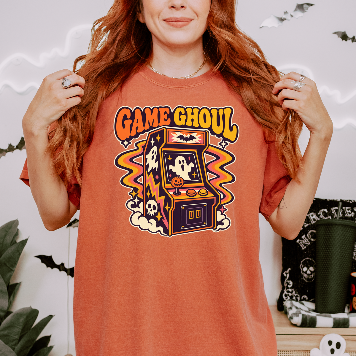 Haunted Arcade Halloween T-Shirt, Game Ghoul Cabinet, 1970s Psychedelic Pumpkin Joystick, Comfort Colors