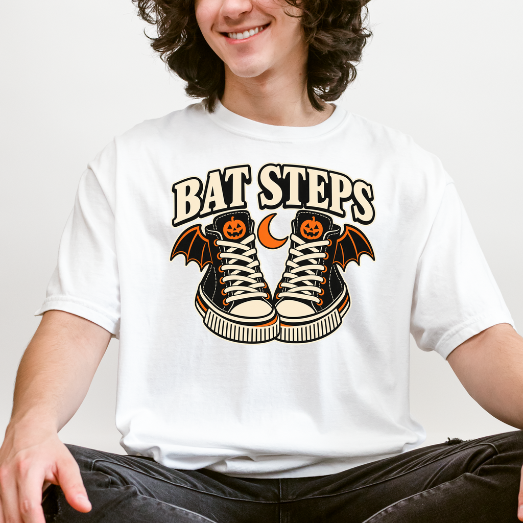 Bat Wing Sneakers Halloween T-Shirt, Bat Steps Pumpkin Design, Minimalist Spooky Season, Comfort Colors