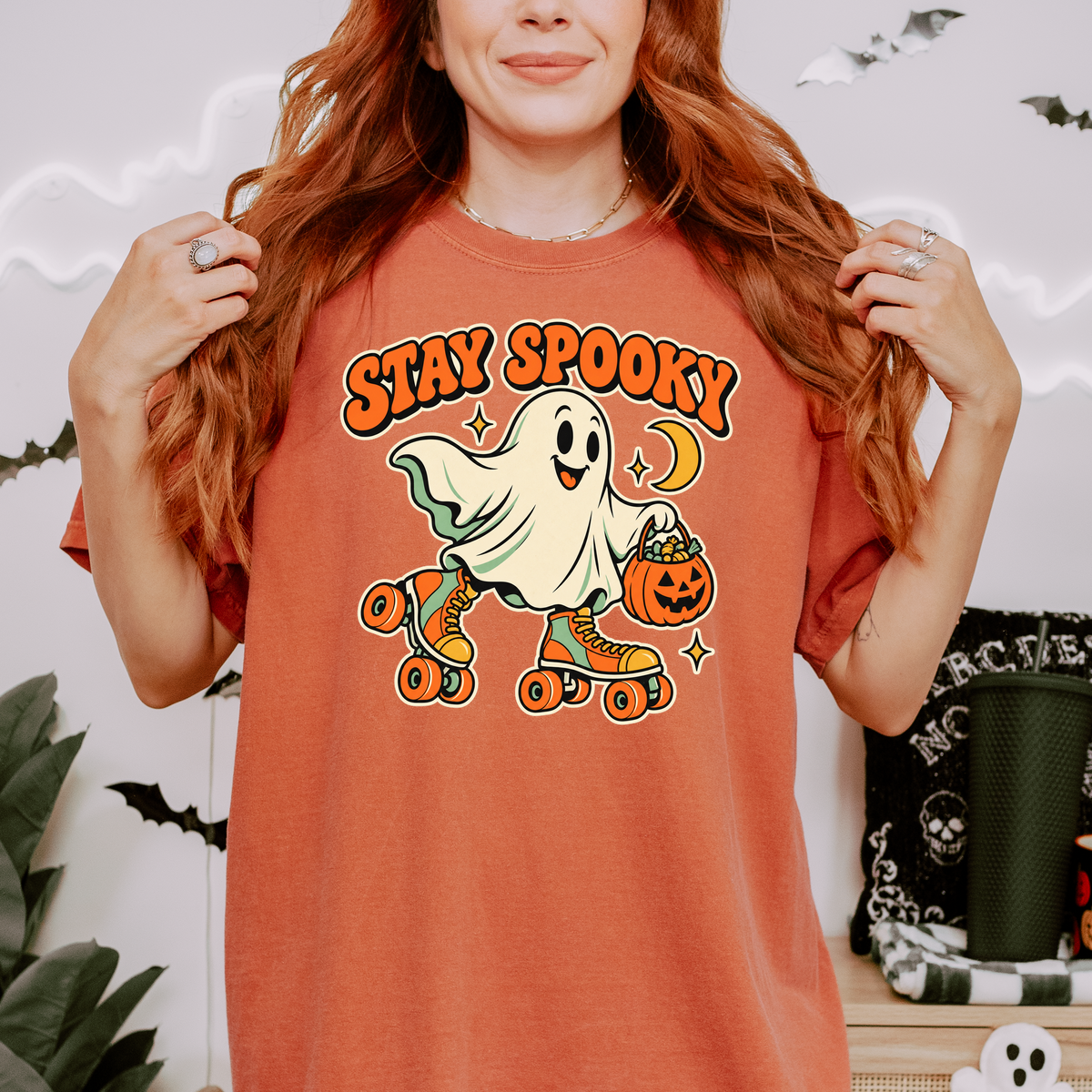Roller Skating Ghost Halloween T-Shirt, Stay Spooky Retro Cartoon, Pumpkin Candy Bucket, Comfort Colors