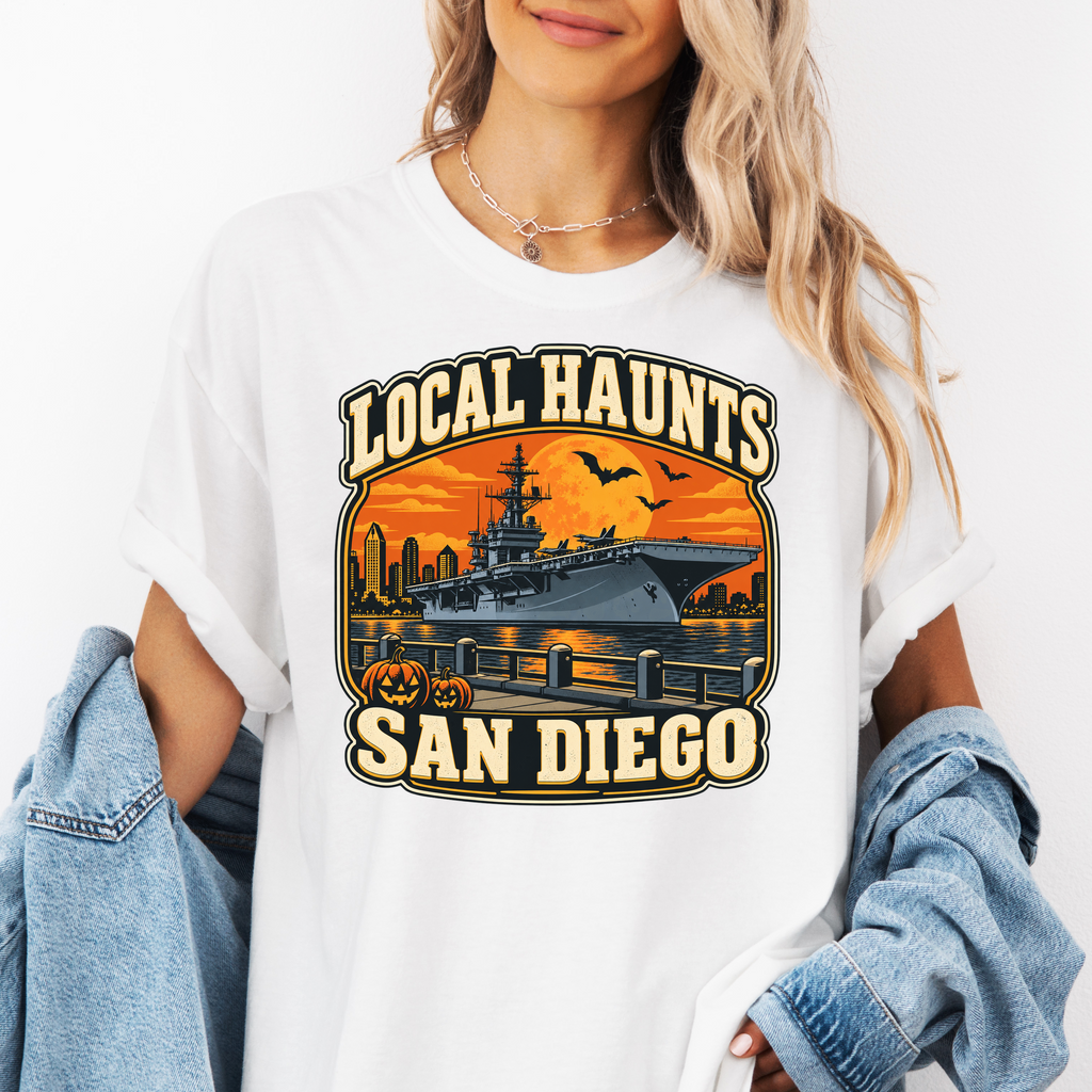 San Diego Halloween T-Shirt, USS Midway Harvest Moon, Comfort Colors Retro California Souvenir, Local Haunts
