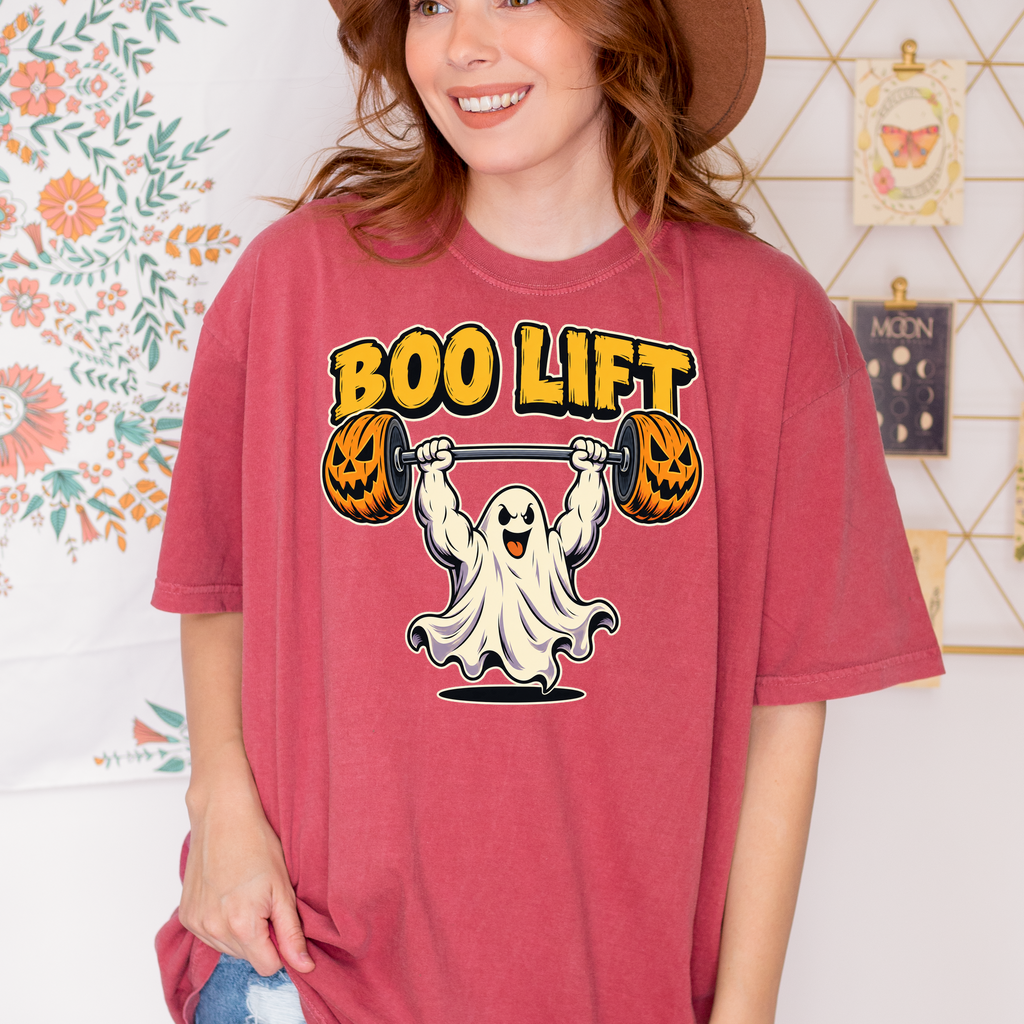 Ghost Weightlifter Halloween T-Shirt, Boo Lift Pumpkin Barbell, Retro Comic Illustration, Comfort Colors
