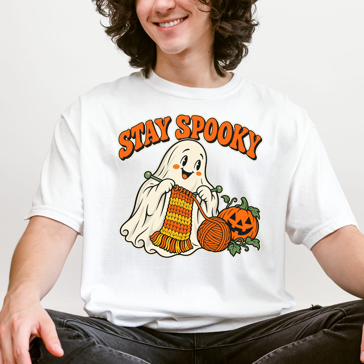 Ghost Halloween T-Shirt, Stay Spooky Knitting Design, Retro 1950s Cartoon Pumpkin, Comfort Colors