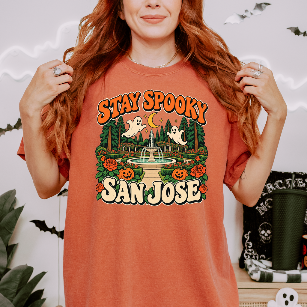 San Jose Halloween T-Shirt, San Jose Municipal Rose Garden Ghosts, Retro 1950s Cartoon, Comfort Colors California Souvenir