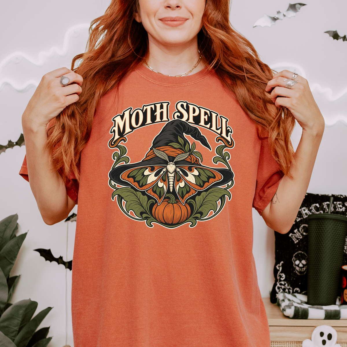 Moth Wing Witch Hat Halloween T-Shirt, Art Nouveau Pumpkin Botanical Design, Comfort Colors Spooky Season