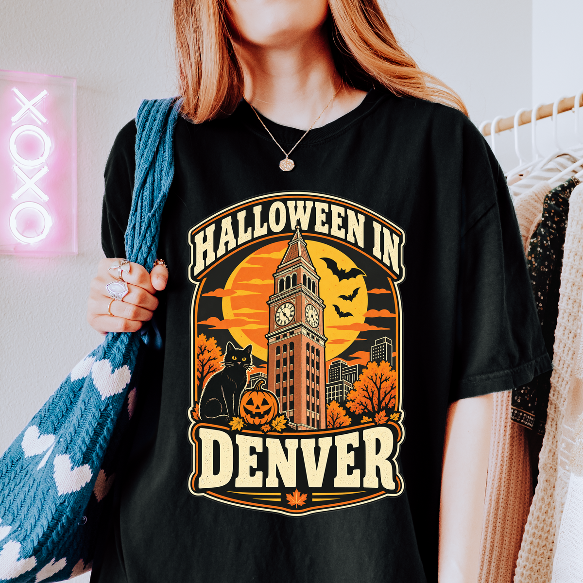 Denver Halloween T-Shirt, Daniels and Fisher Tower, Comfort Colors, Retro Black Cat and Pumpkin Souvenir