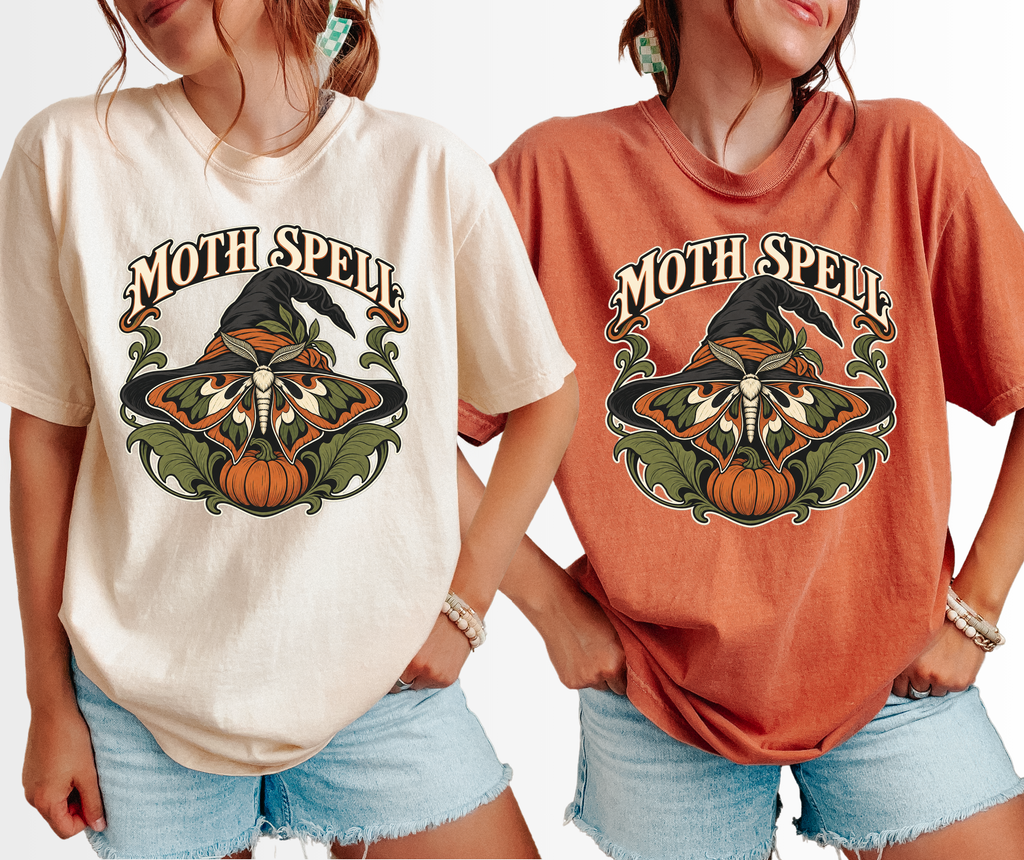 Moth Wing Witch Hat Halloween T-Shirt, Art Nouveau Pumpkin Botanical Design, Comfort Colors Spooky Season
