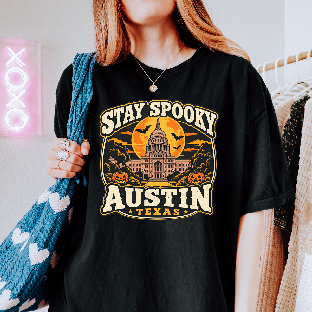 Austin Halloween T-Shirt, Texas State Capitol, Comfort Colors Retro Pumpkin Moon Souvenir, Stay Spooky Texas