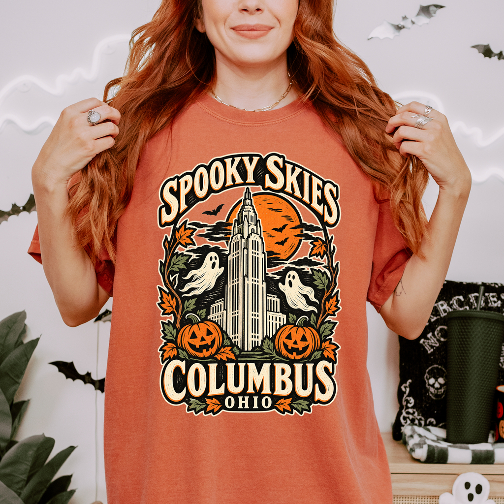 Columbus Halloween T-Shirt, LeVeque Tower Moon and Ghosts, Woodcut Folk Art, Comfort Colors Ohio Souvenir