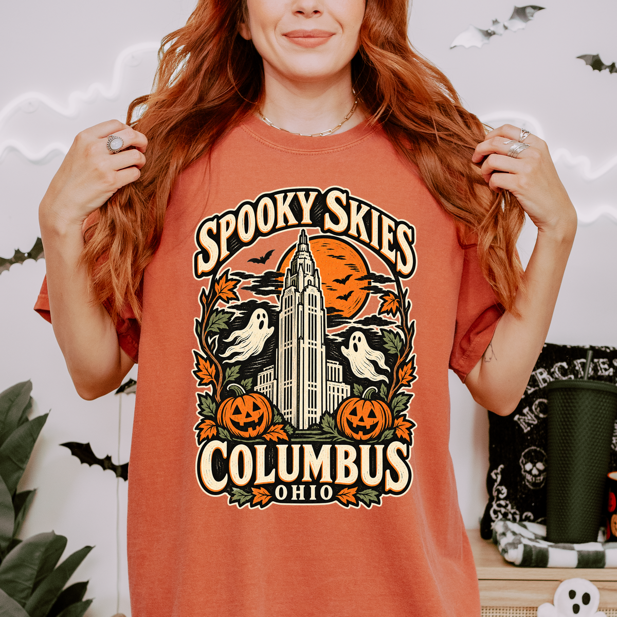 Columbus Halloween T-Shirt, LeVeque Tower Moon and Ghosts, Woodcut Folk Art, Comfort Colors Ohio Souvenir