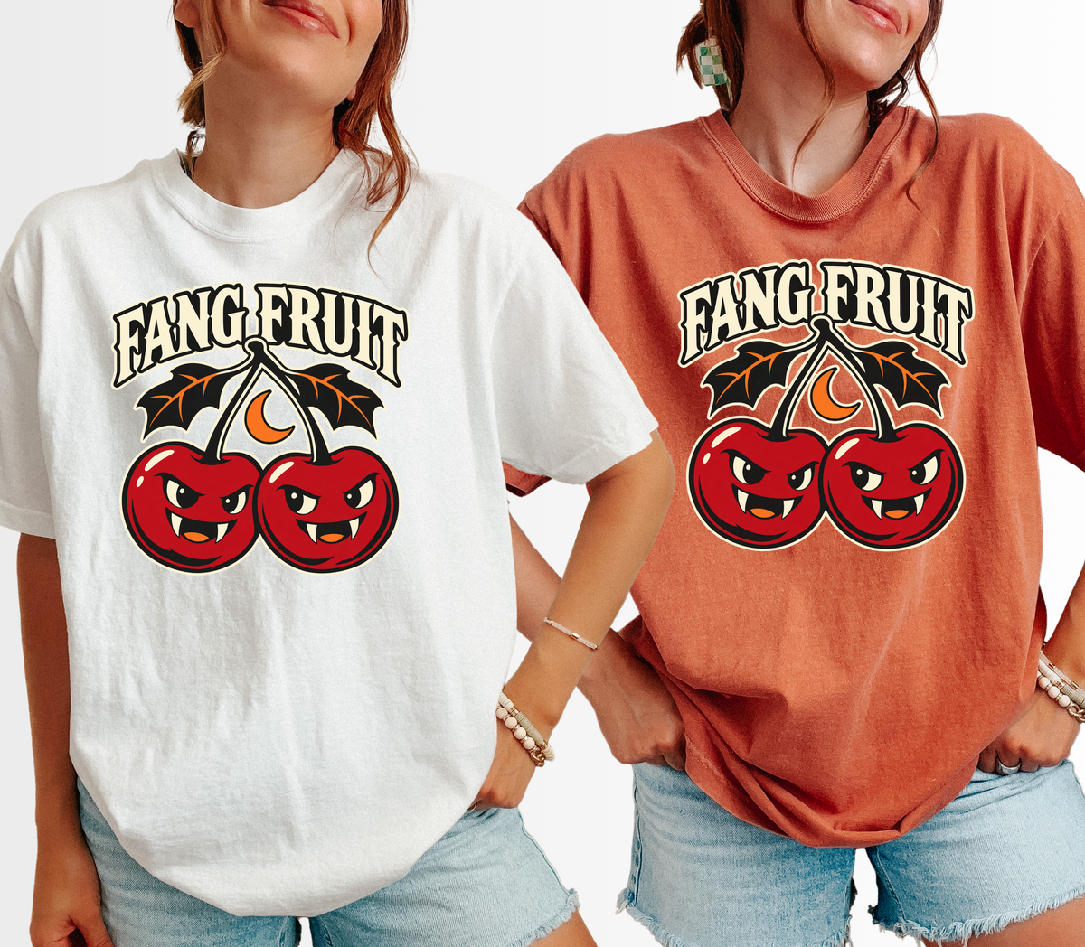 Vampire Cherry Halloween T-shirt, Fang Fruit with Bat-Shaped Leaves, Minimalist Silhouette, Comfort Colors