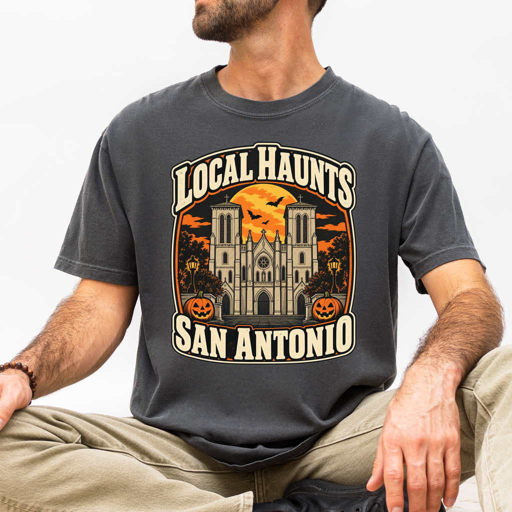 San Antonio Halloween T-Shirt, San Fernando Cathedral, Comfort Colors Retro Souvenir, Harvest Moon and Pumpkins