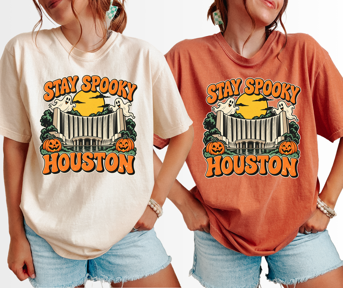 Houston Halloween T-Shirt, Gerald D. Hines Waterwall, Retro Ghost and Pumpkin Art, Comfort Colors Texas Souvenir