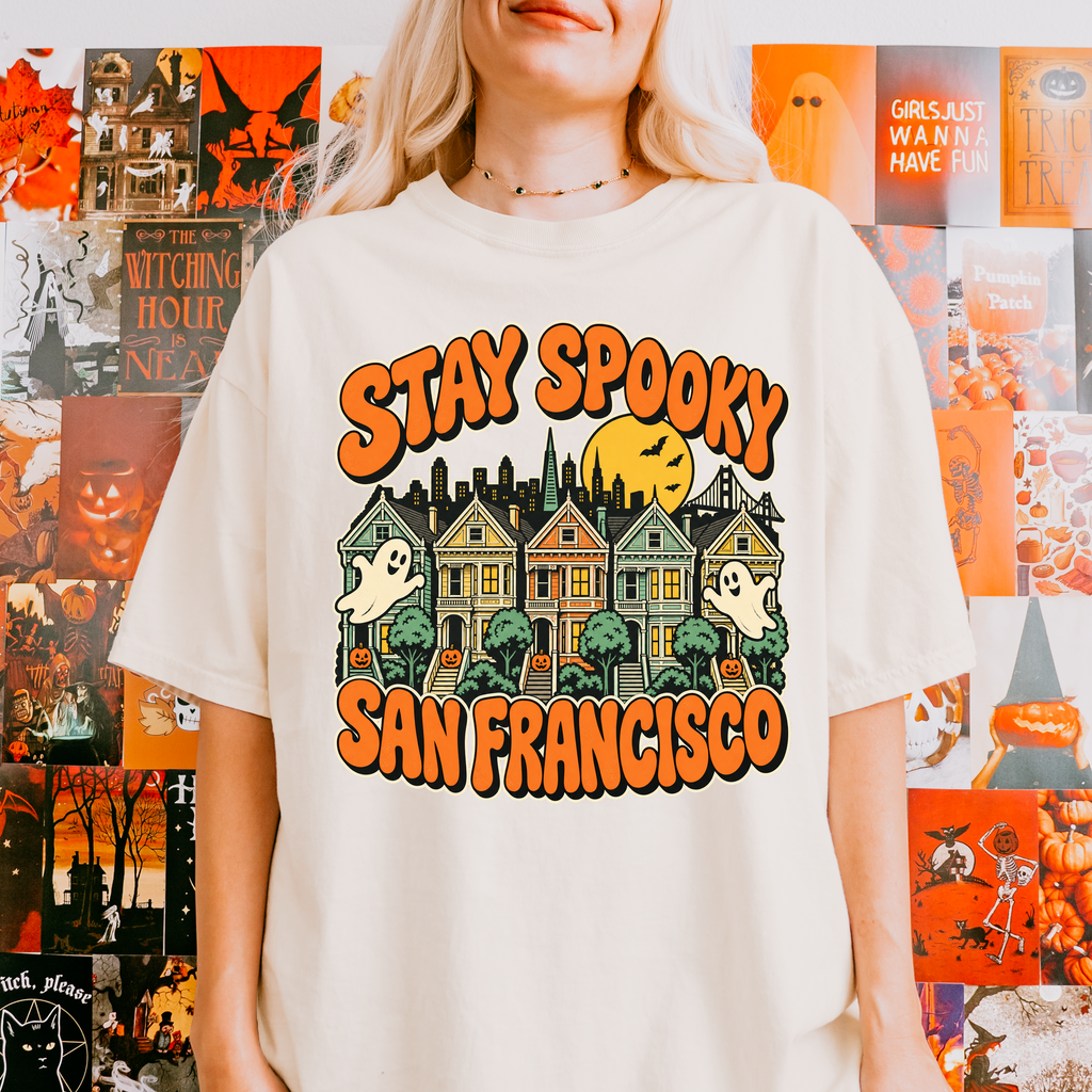 San Francisco Halloween T-Shirt, Painted Ladies Ghosts, Retro Pumpkin Art, Comfort Colors California Souvenir