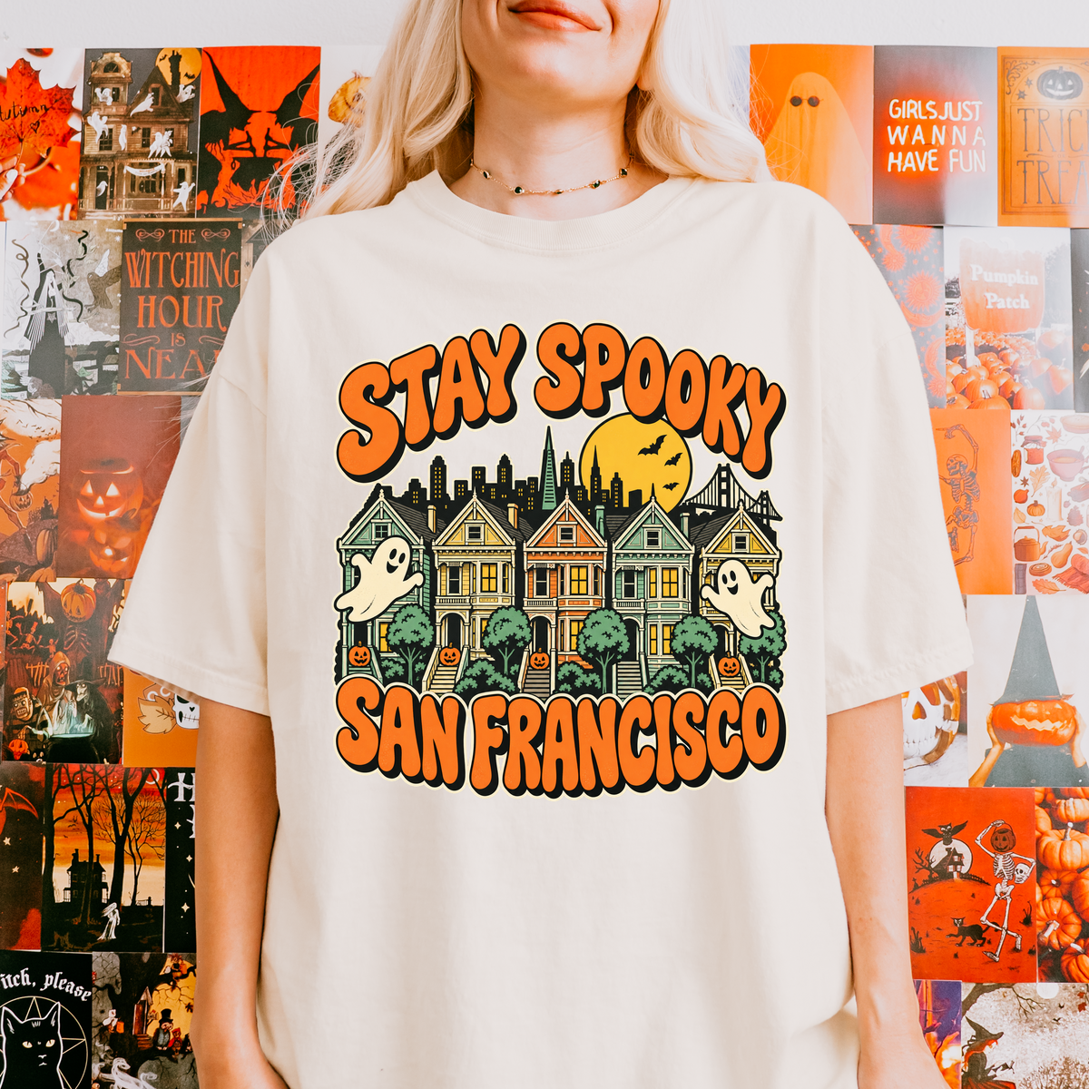 San Francisco Halloween T-Shirt, Painted Ladies Ghosts, Retro Pumpkin Art, Comfort Colors California Souvenir