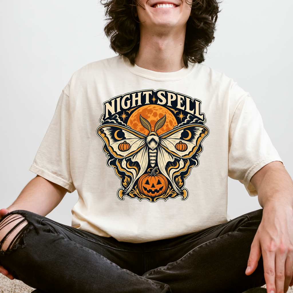 Moon Moth Halloween T-Shirt, Night Spell Pumpkin and Orange Moon, Celestial Gothic Art, Comfort Colors