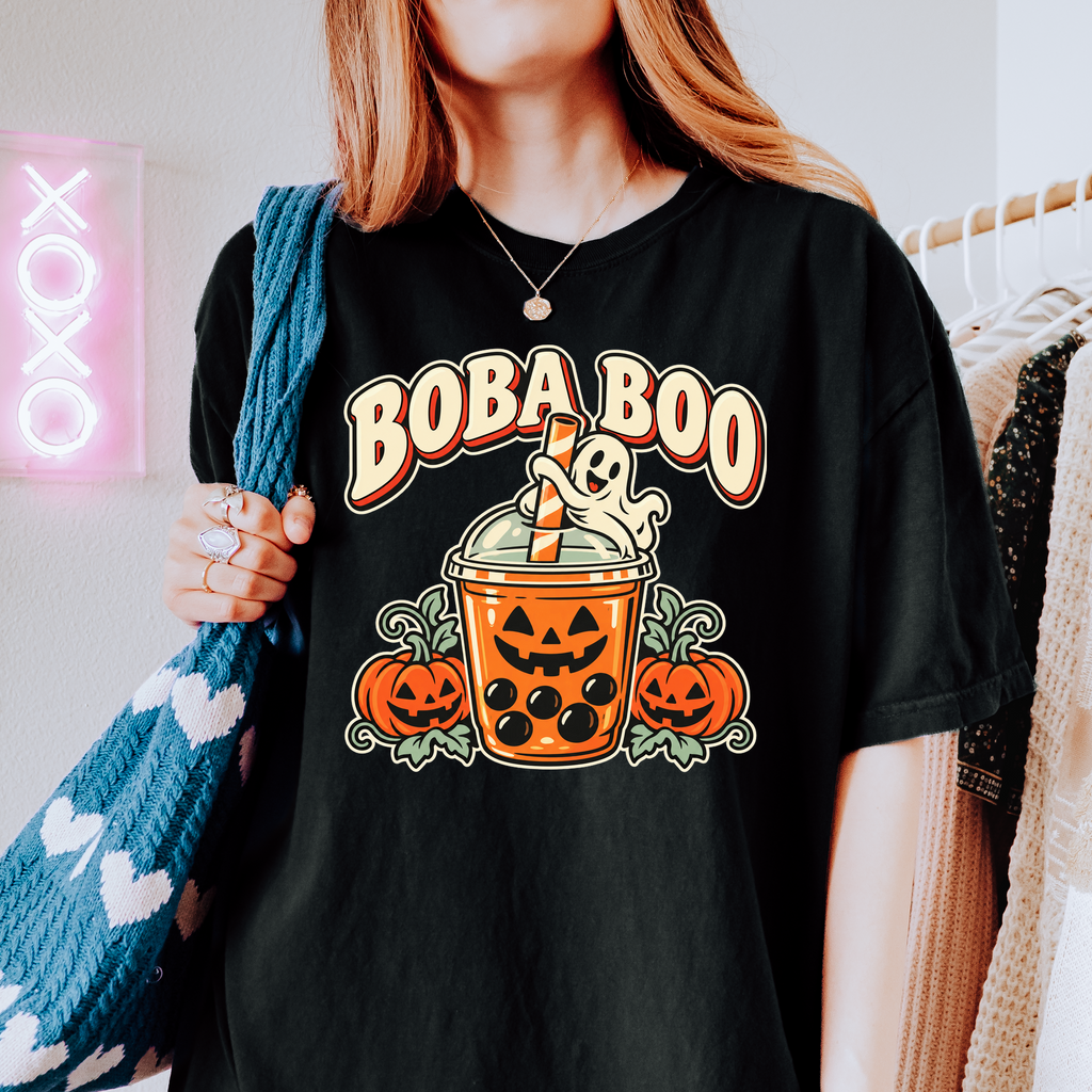 Pumpkin Boba Halloween T-Shirt, Boba Boo Ghost Cup, Retro Diner Spooky Season Art, Comfort Colors