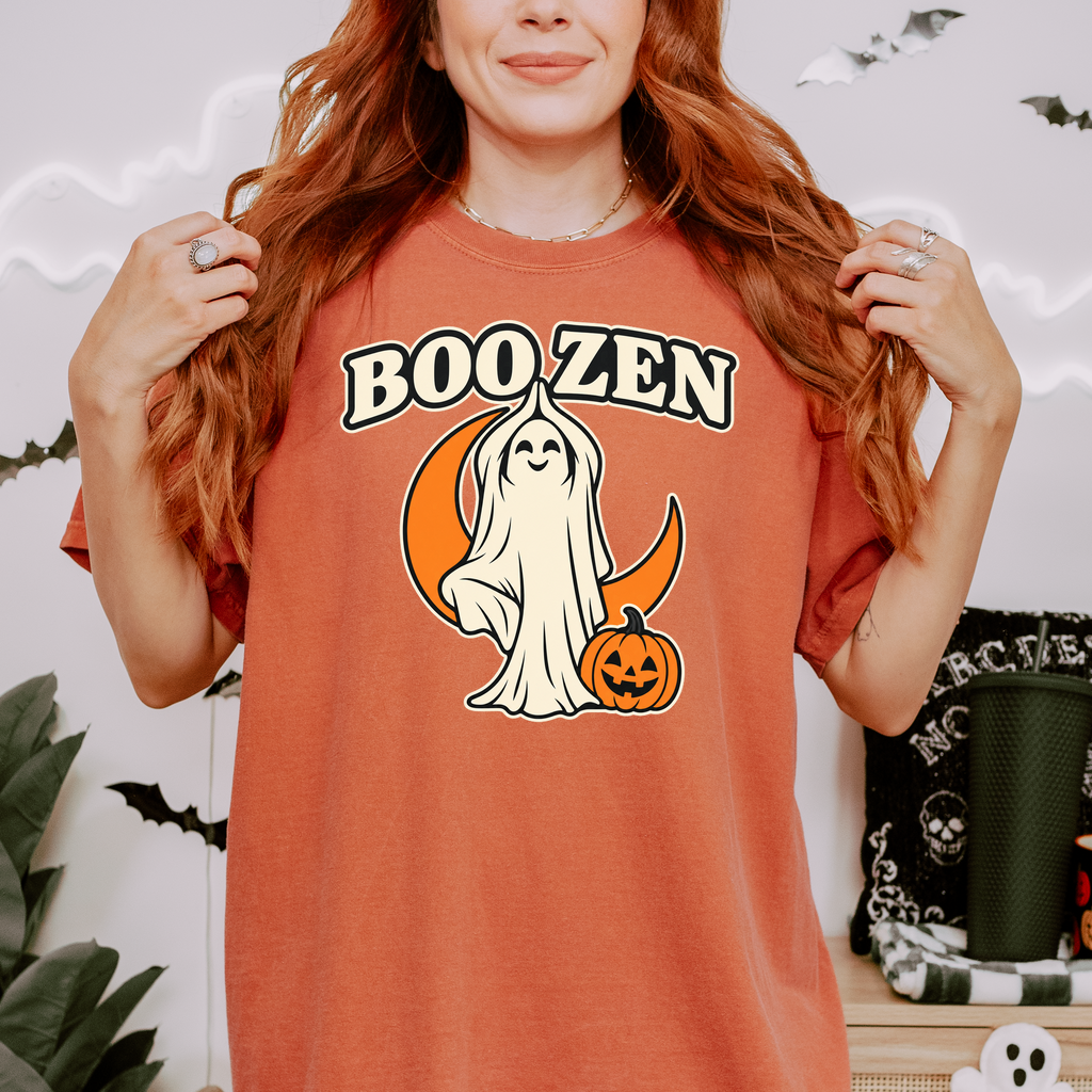 Ghost Yoga Halloween T-Shirt, Boo Zen Tree Pose, Minimalist Pumpkin and Crescent Design, Comfort Colors