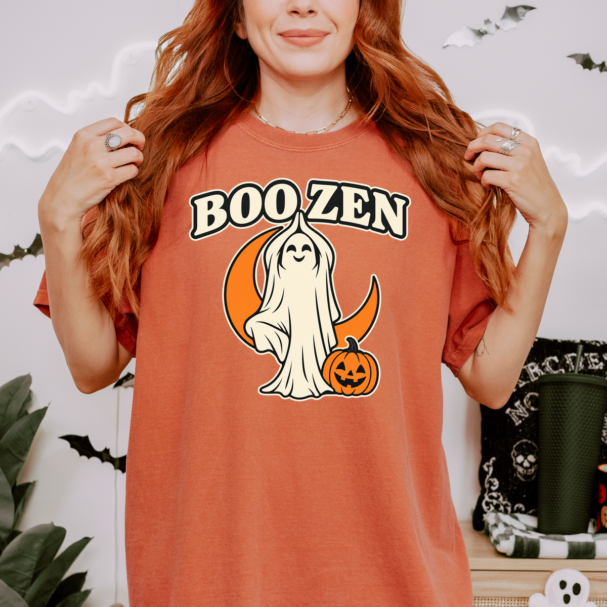 Ghost Yoga Halloween T-Shirt, Boo Zen Tree Pose, Minimalist Pumpkin and Crescent Design, Comfort Colors