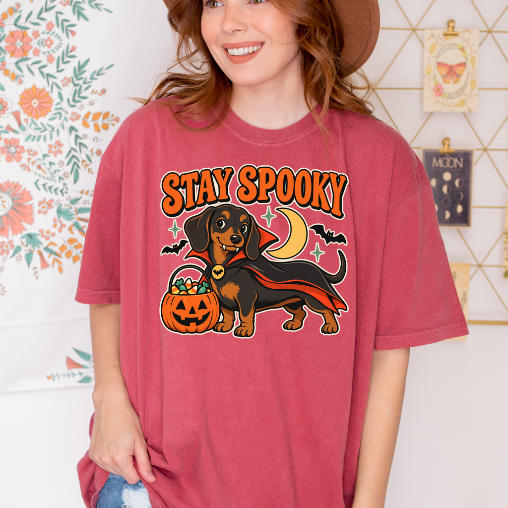 Vampire Dachshund Halloween T-Shirt, Stay Spooky Retro 1950s Cartoon, Pumpkin Candy Bucket, Comfort Colors