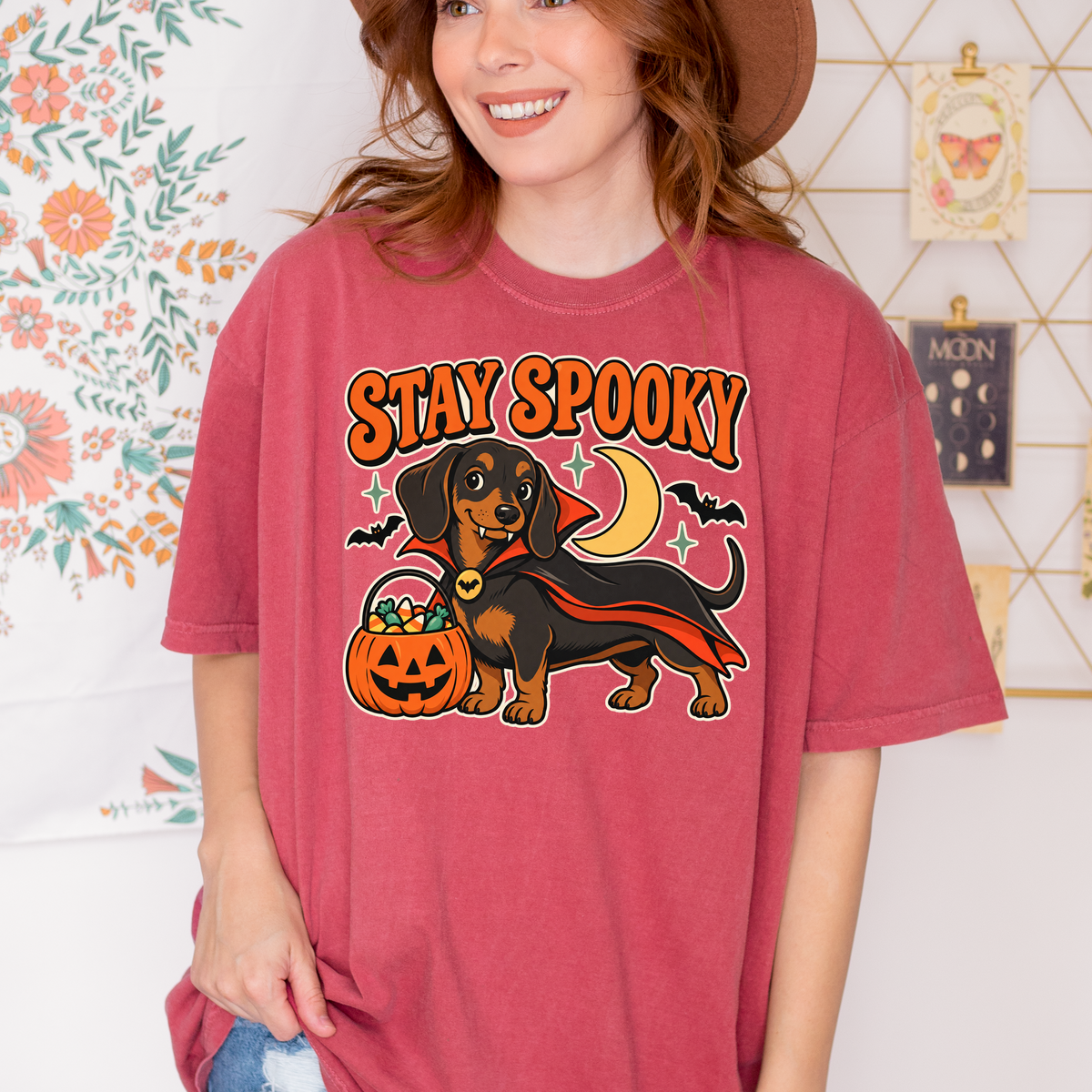 Vampire Dachshund Halloween T-Shirt, Stay Spooky Retro 1950s Cartoon, Pumpkin Candy Bucket, Comfort Colors