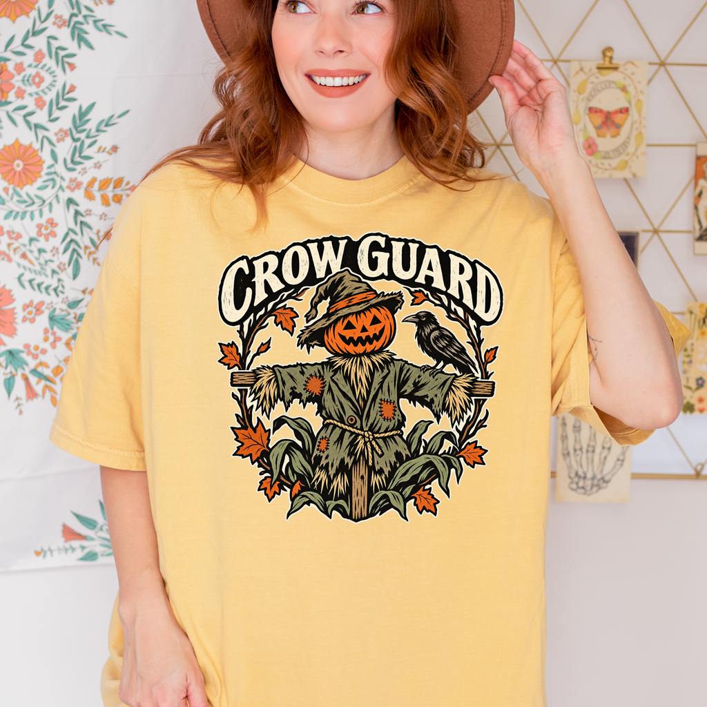 Scarecrow Halloween T-Shirt, Crow Guard Pumpkin Design, Woodcut Folk Art, Comfort Colors Spooky Season