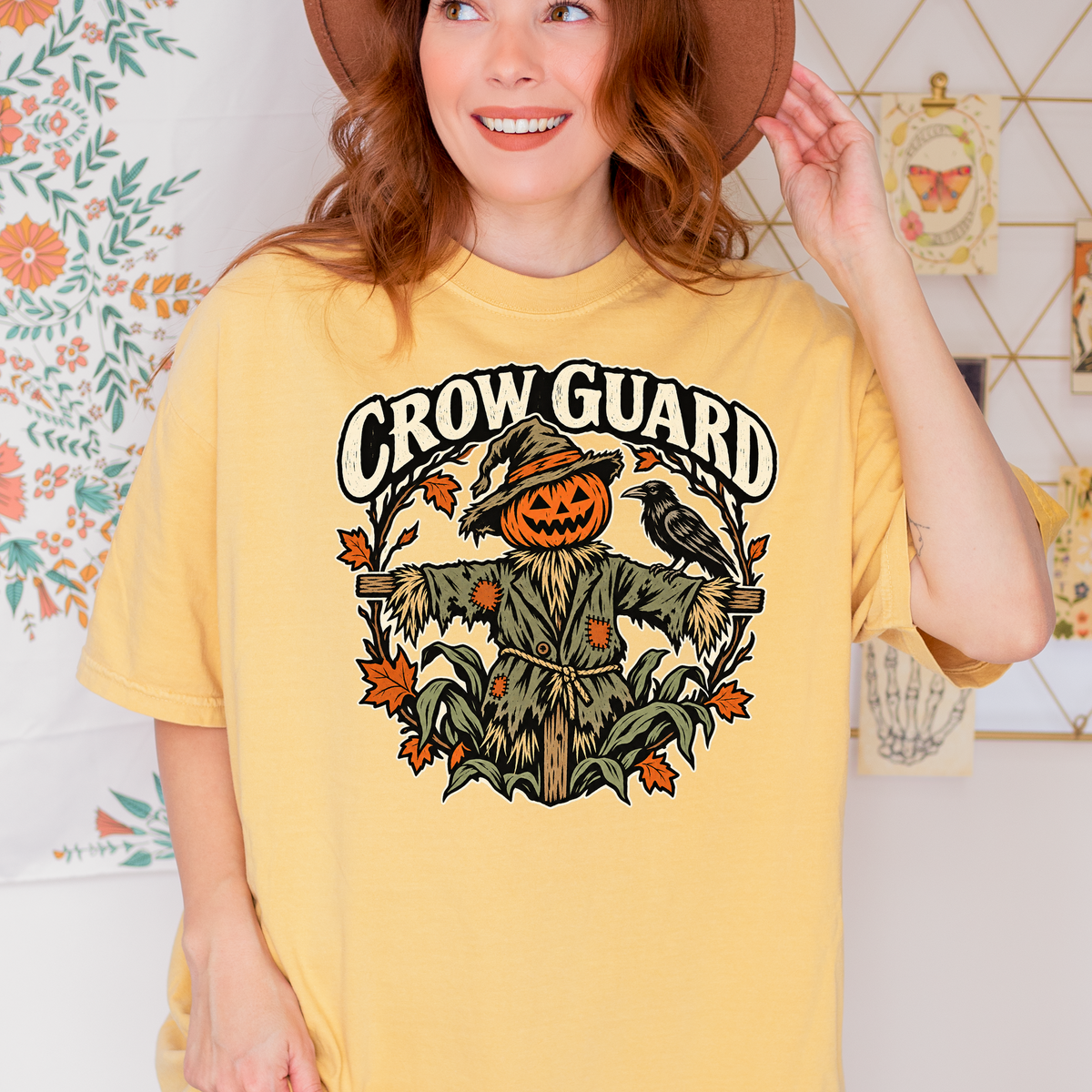 Scarecrow Halloween T-Shirt, Crow Guard Pumpkin Design, Woodcut Folk Art, Comfort Colors Spooky Season