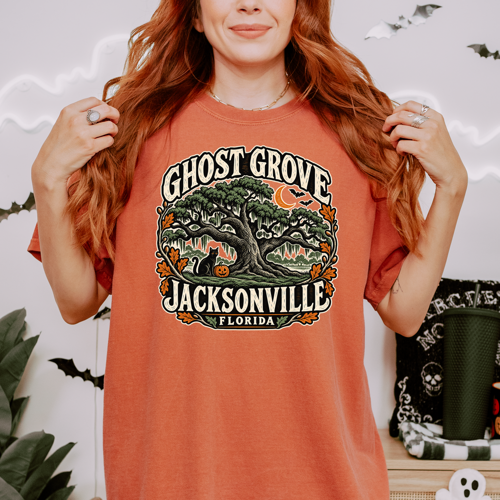 Jacksonville Halloween T-Shirt, Treaty Oak Black Cat and Pumpkin Folk Art, Florida Souvenir, Comfort Colors