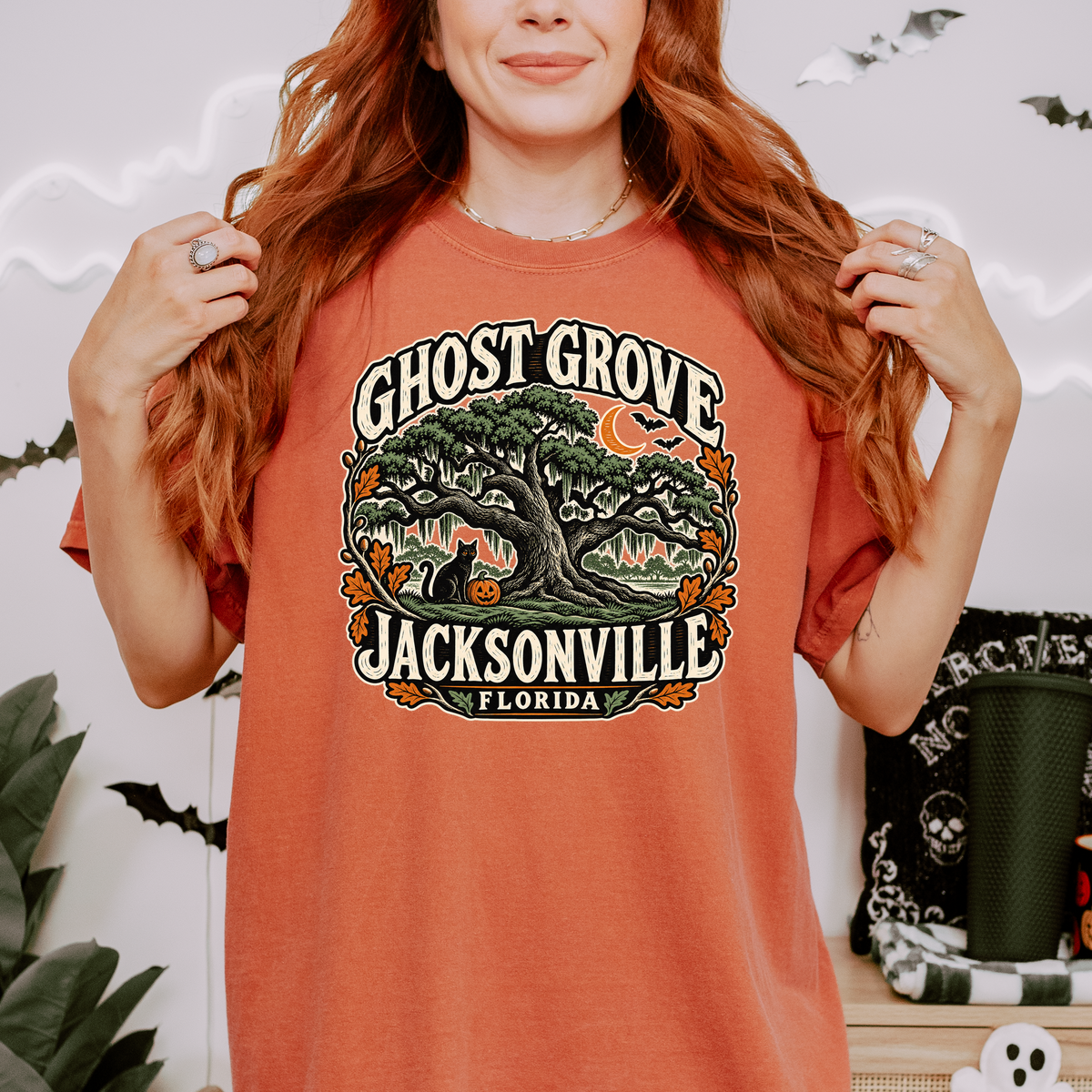 Jacksonville Halloween T-Shirt, Treaty Oak Black Cat and Pumpkin Folk Art, Florida Souvenir, Comfort Colors