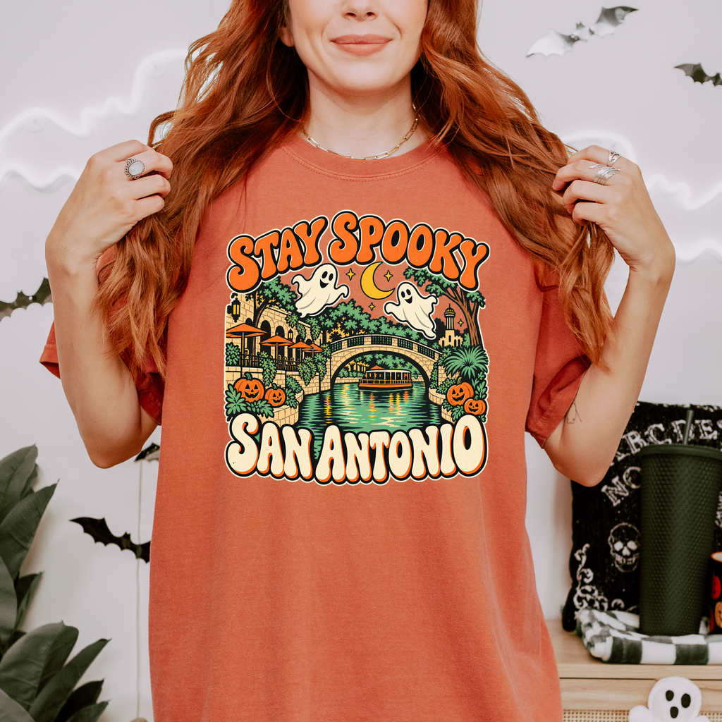 San Antonio Halloween T-Shirt, River Walk Ghosts and Pumpkins, Retro Texas Souvenir, Comfort Colors