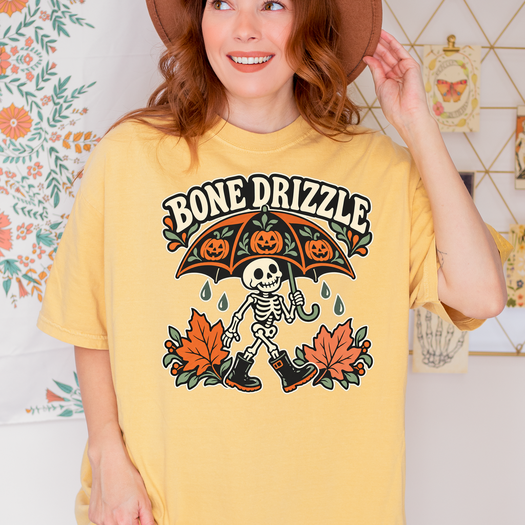 Skeleton Halloween T-Shirt, Bone Drizzle Pumpkin Umbrella, Folk Art Spooky Season, Comfort Colors