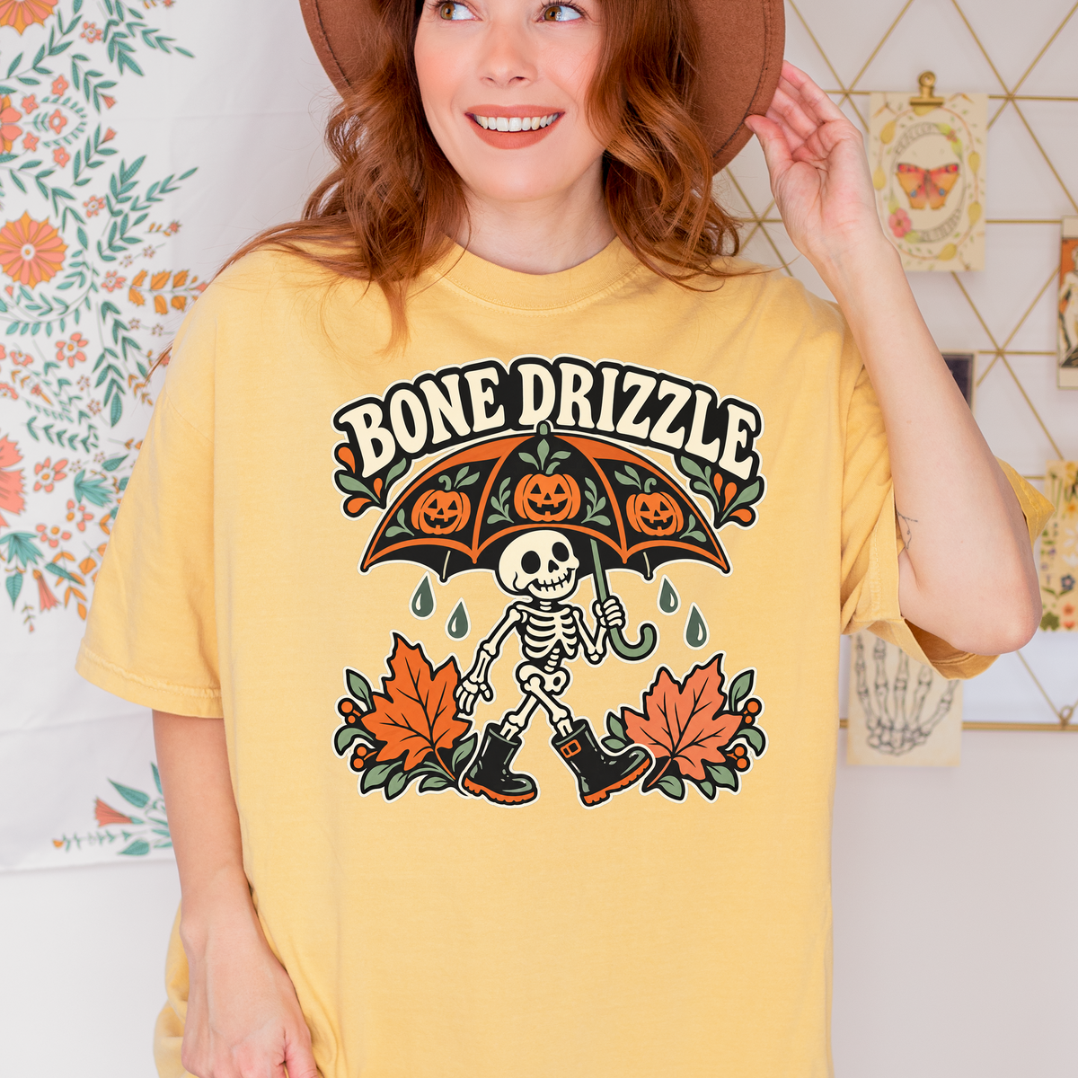 Skeleton Halloween T-Shirt, Bone Drizzle Pumpkin Umbrella, Folk Art Spooky Season, Comfort Colors