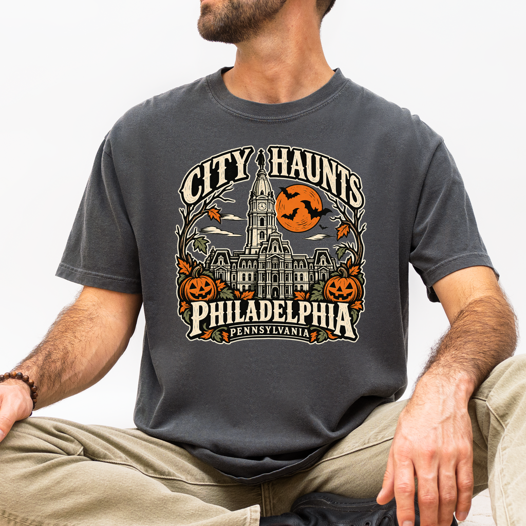 Philadelphia Halloween T-Shirt, City Hall Woodcut Folk Art, Pumpkin Lanterns, Pennsylvania Souvenir, Comfort Colors