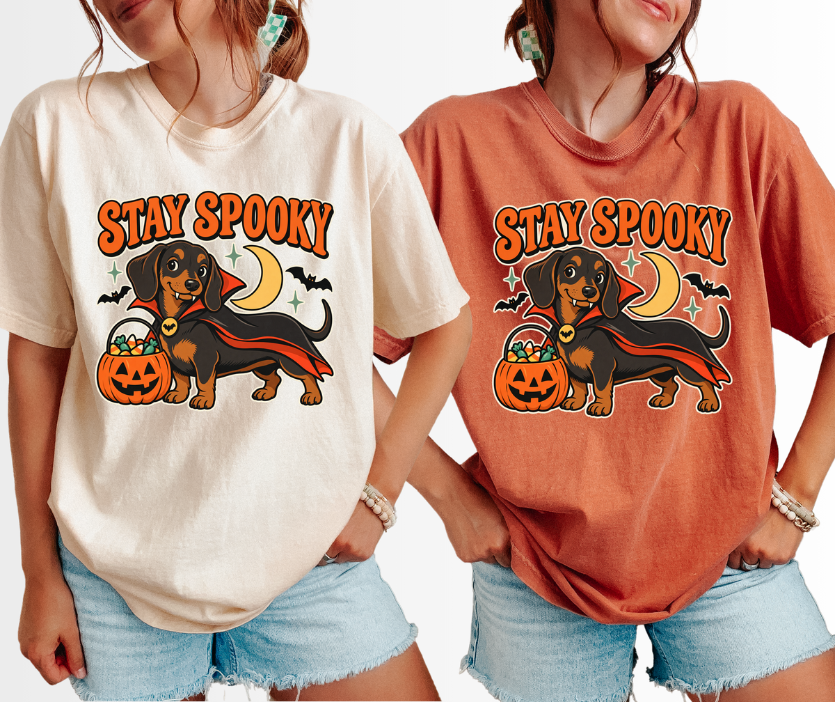 Vampire Dachshund Halloween T-Shirt, Stay Spooky Retro 1950s Cartoon, Pumpkin Candy Bucket, Comfort Colors