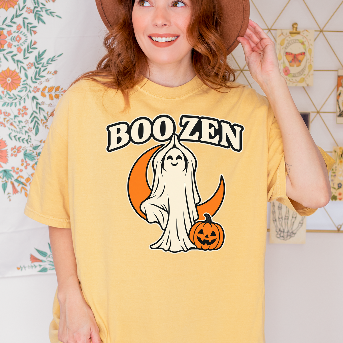 Ghost Yoga Halloween T-Shirt, Boo Zen Tree Pose, Minimalist Pumpkin and Crescent Design, Comfort Colors
