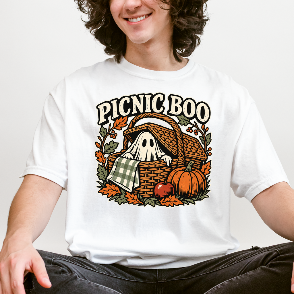 Ghost Picnic Basket Halloween T-Shirt, Picnic Boo Folk Art, Pumpkin Woodcut Illustration, Comfort Colors
