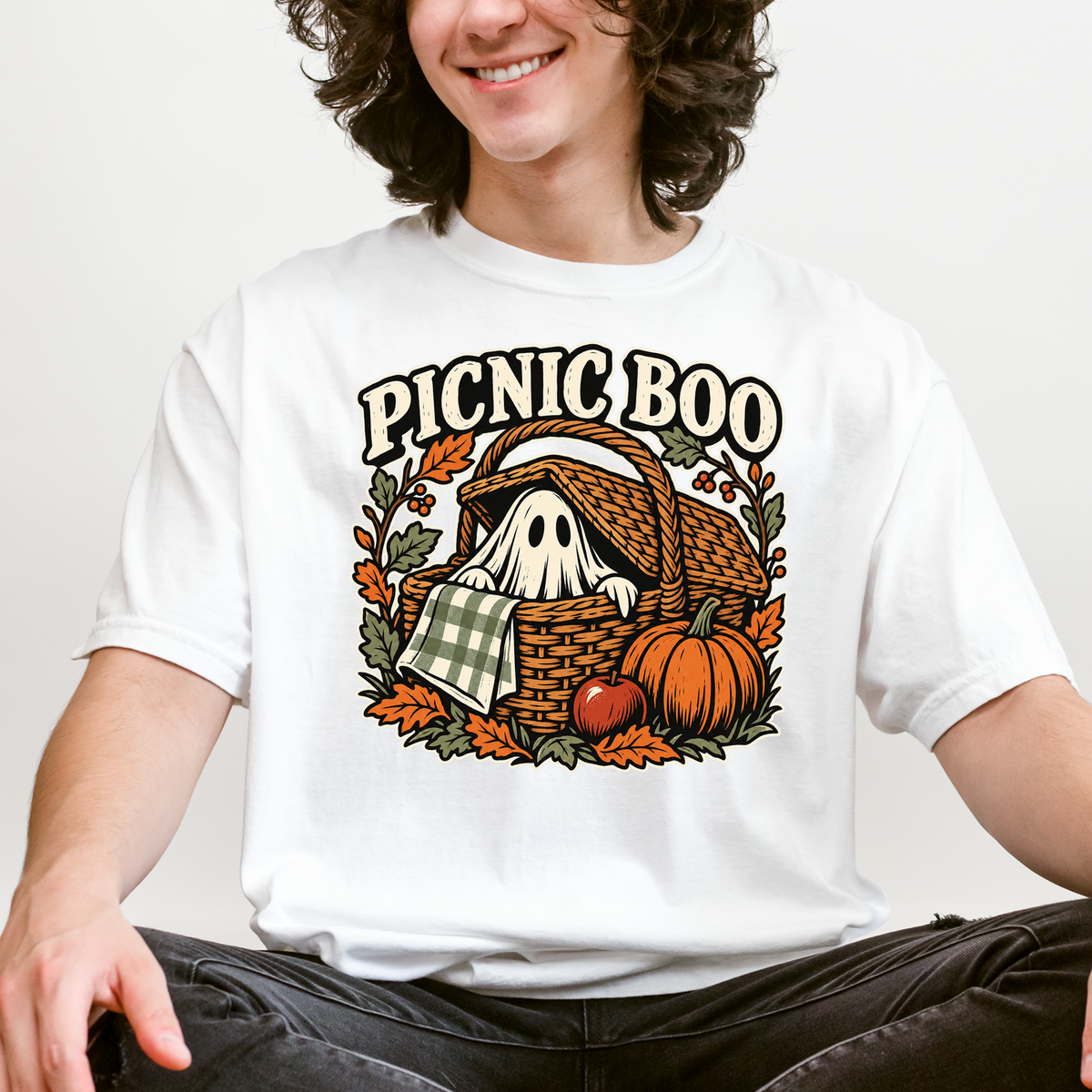 Ghost Picnic Basket Halloween T-Shirt, Picnic Boo Folk Art, Pumpkin Woodcut Illustration, Comfort Colors