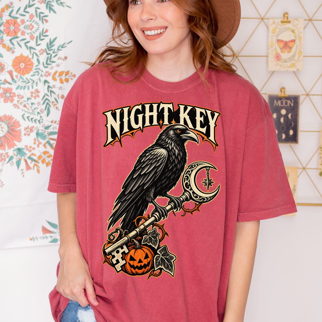 Raven Halloween T-Shirt, Ornate Skeleton Key and Pumpkin, Gothic Woodcut Spooky Season Art, Comfort Colors