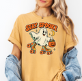 Roller Skating Ghost Halloween T-Shirt, Stay Spooky Retro Cartoon, Pumpkin Candy Bucket, Comfort Colors