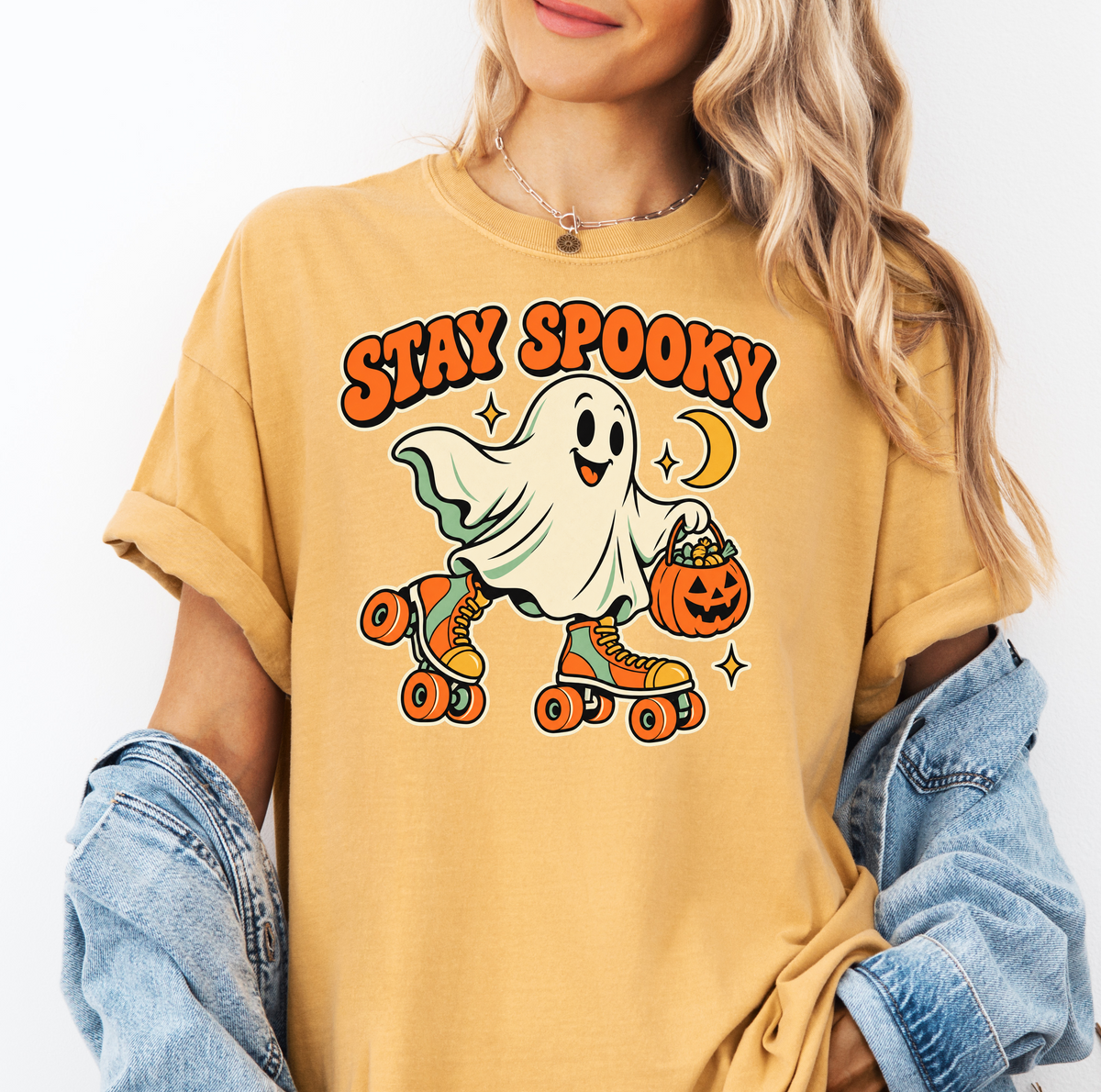 Roller Skating Ghost Halloween T-Shirt, Stay Spooky Retro Cartoon, Pumpkin Candy Bucket, Comfort Colors
