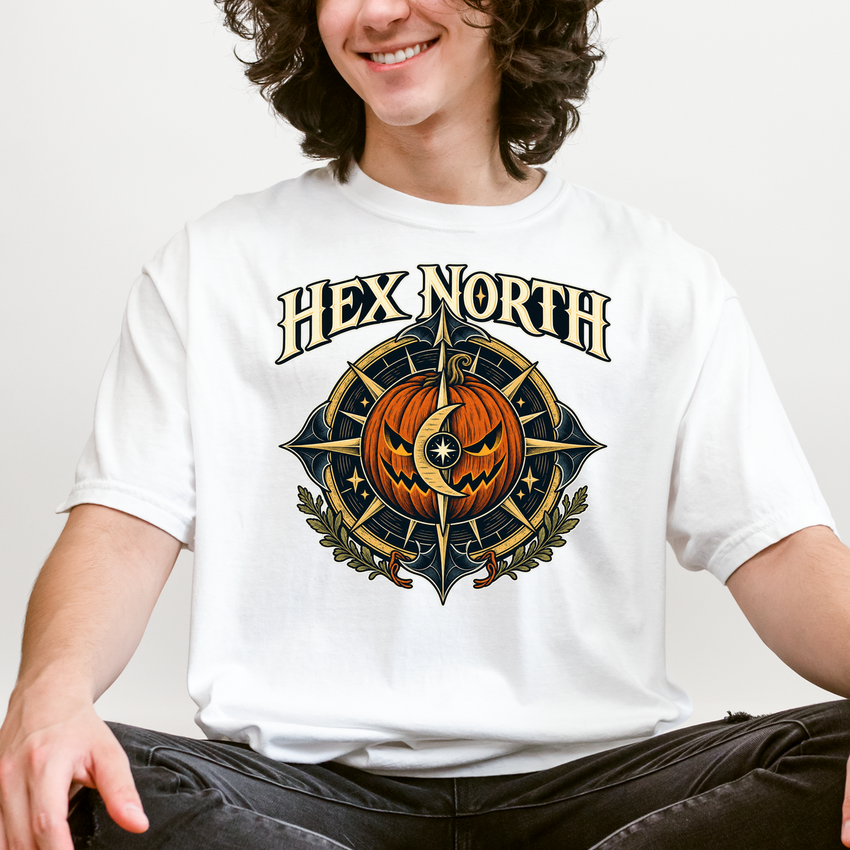 Witch Compass Halloween T-Shirt, Hex North Pumpkin Crescent Design, Celestial Gothic Art, Comfort Colors